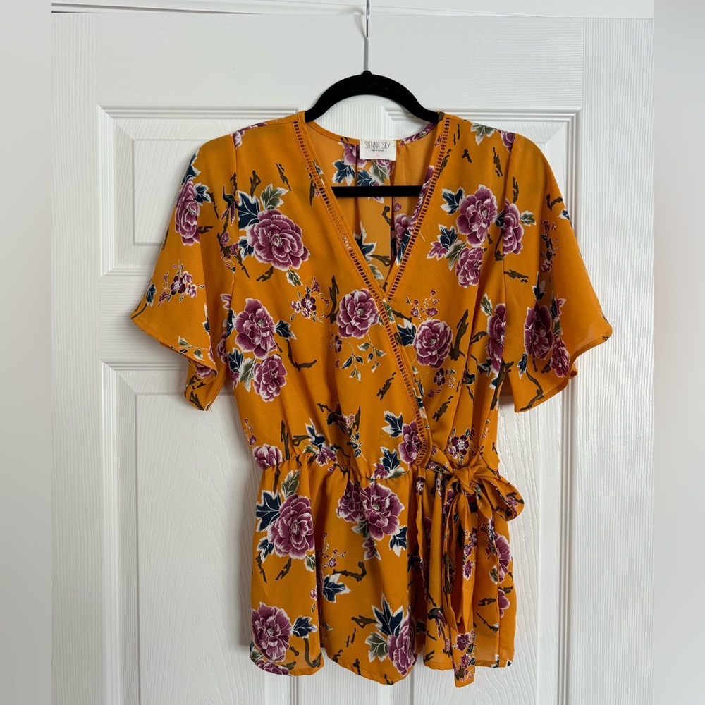 Floral faux-wrap top with bow